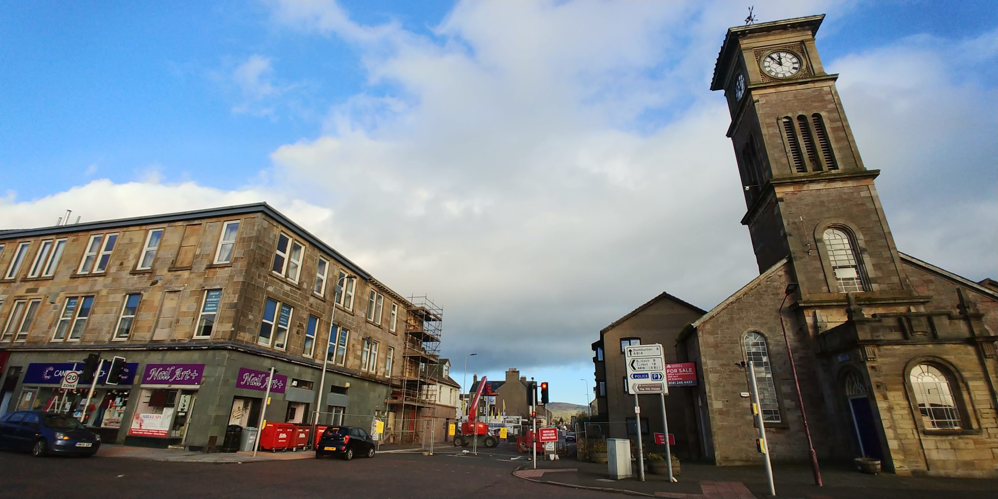 Scaffolding on East Clyde Street opposite the clock tower