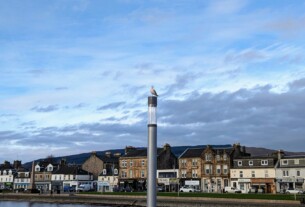 A seagull perched on top of a lamppost with Helensburgh riverside buildings in the background